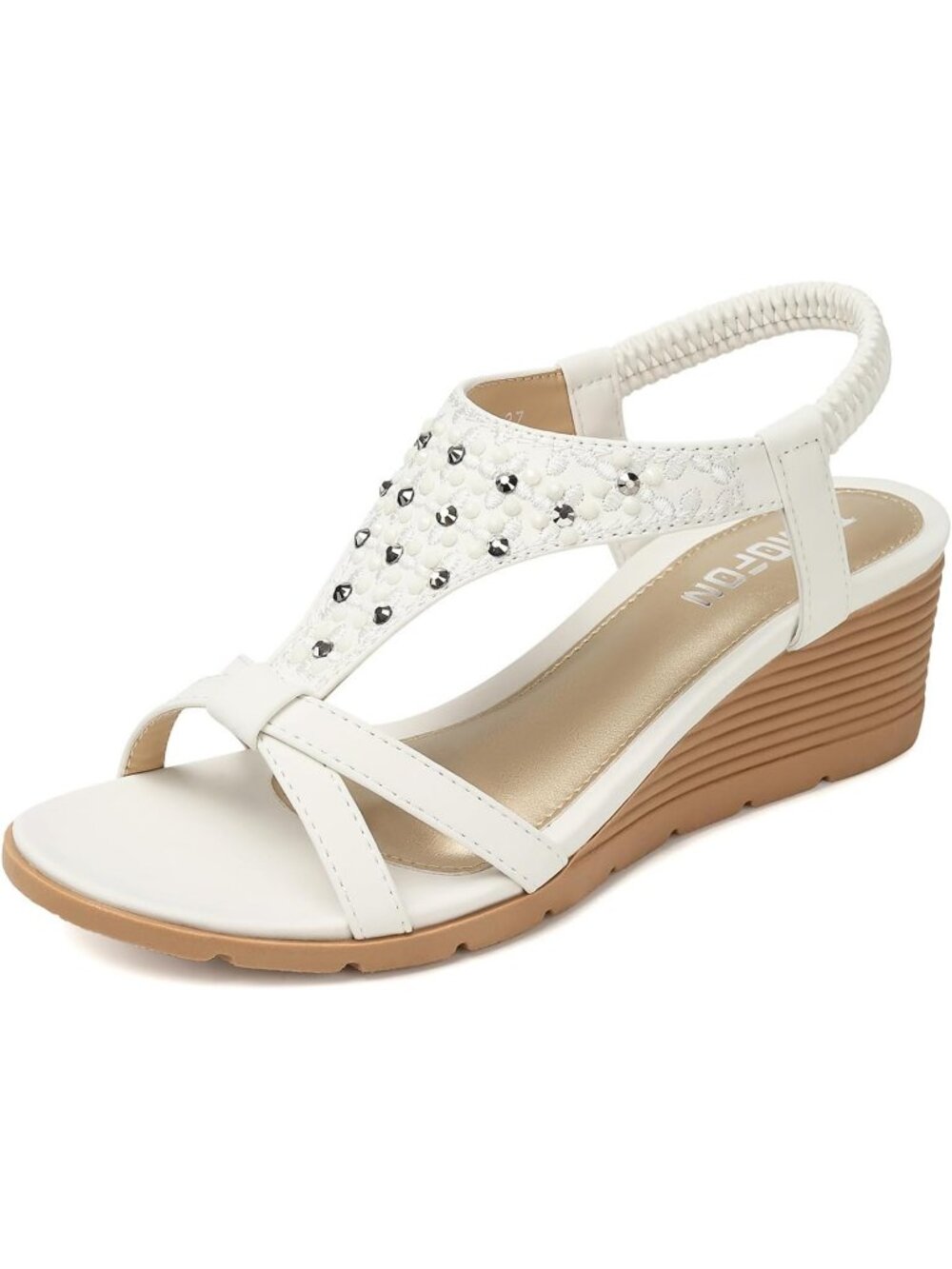 Women's All White Elastic Open Toe Flower Low Wedge Heels Platform Sandal Shoes